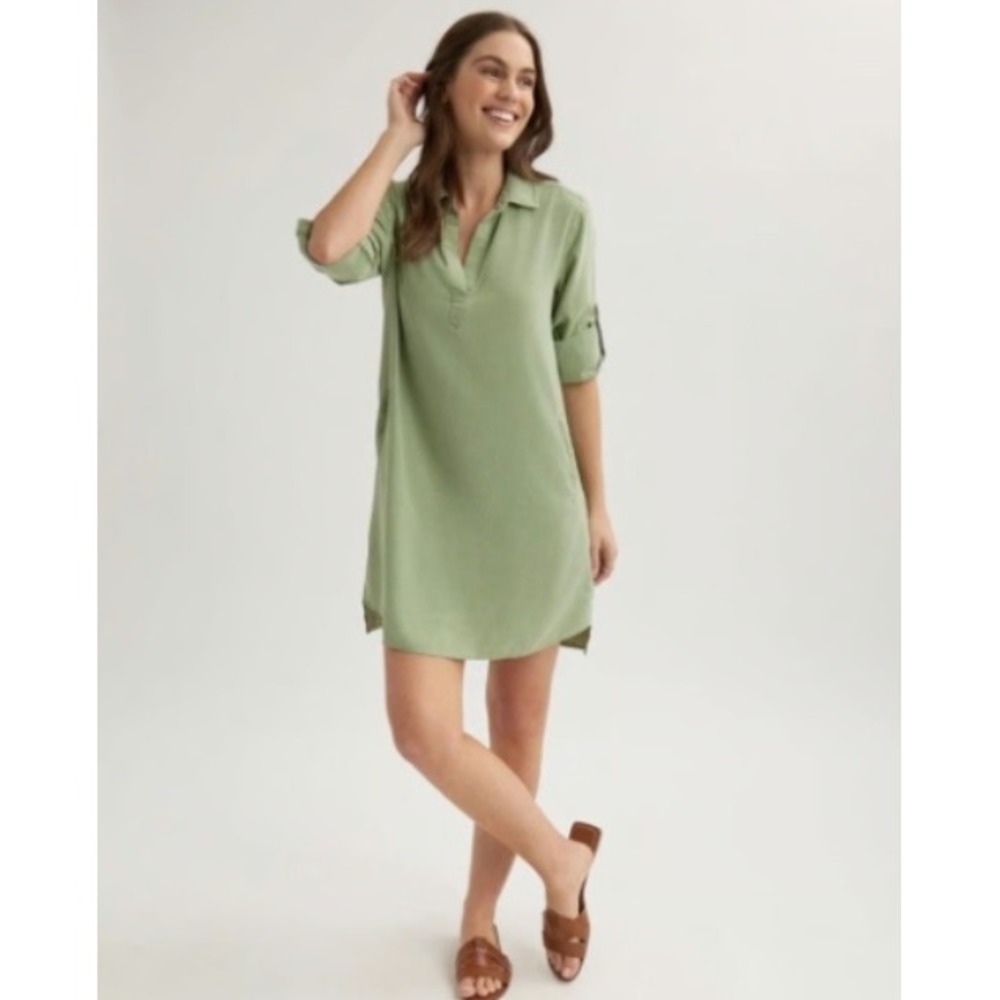 Falls Creek Olive Green Lyocell Shirt Dress Tunic Roll Tab Sleeve L